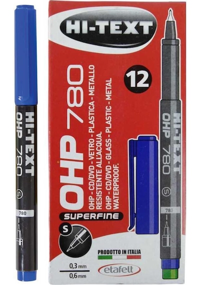 Hi-Text 12 Adet  Ohp   Asetat Kalemi Mavi 780-SM  S  İnce Uçlu Permanent Mavi
