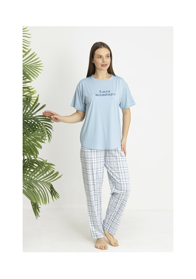 Estiva Kadın Kareli Alt Desenli Mavi Penye Lycra Kısa Kollu Pijama Takımı Çok renkli Estiva Kadın Kareli Alt Desenli Mavi Penye Lycra Kısa Kollu Pijama Takımı Çok renkli