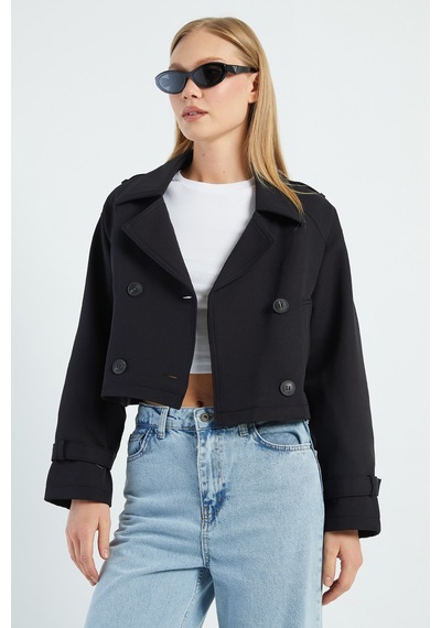 Fullamoda Kruvaze Yaka Çift Cepli Crop Trençkot Siyah