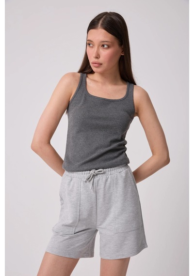 Defys Kadın Beli Lastikli Cepli Regular Fit Şort Gri Melanj - 695327103 Gri Melanj