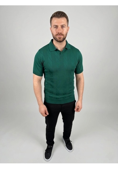 Erkek Yazlık Triko Dokuma Tişört Kısa Kol Polo Yaka T-shirt - Koyu Yeşil