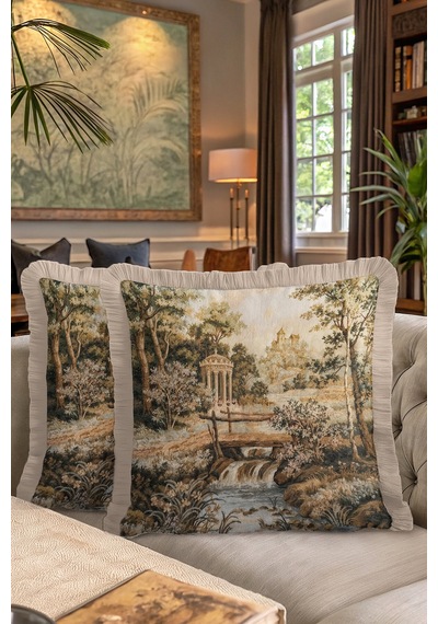 Vintage Saray Bahçe Tablosu Lüx Saçaklı Yastık Kılıfı-antik Klasik Bej Püsküllü Kırlent Kılıfı Pastel Orman Gri Vintage Saray Bahçe Tablosu Lüx Saçaklı Yastık Kılıfı-antik Klasik Bej Püsküllü Kırlent Kılıfı Pastel Orman Gri