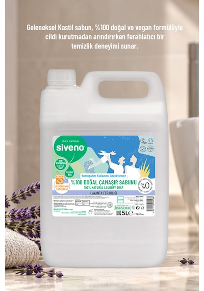 Siveno %100 Doğal Sıvı Kastil Sabun Lavanta Yağlı Cildi Rahatlatıcı Nemlendirici Bitkisel Vegan 5 L