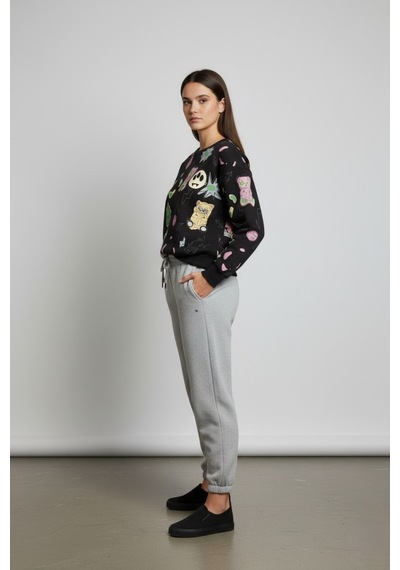 The Kadın Eğlenceli Baskılı %100 Pamuk 3 İplik Şardonsuz Sweatshirt - Bisiklet Yaka Basic Üst Siyah