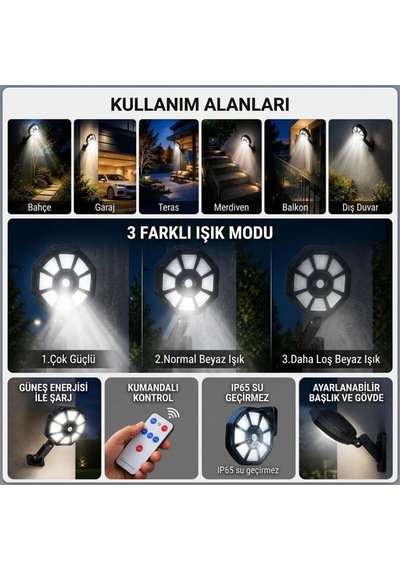 Buffer 168b Solar Led Büyük Dış Mekân Lambası, Hareket Sensörlü, Kumandalı, 3 Modlu Ultra Parlak Cob Işık, 8956731