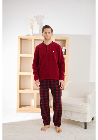 Pijamoni Erkek Düğme Yaka Kışlık Polar Pijama Takımı 6100/11,1 - 1 Adet Bordo