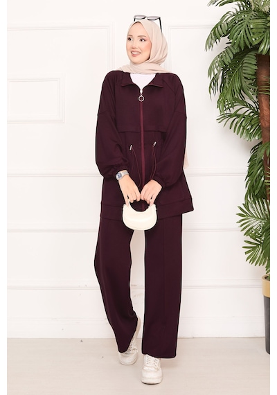 Butik Kadın Fermuarlı Cep Detaylı Tesettür Eşofman Takımı Bordo Bordo