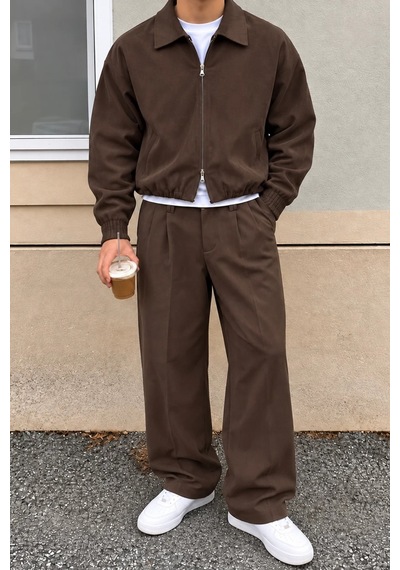 Erkek Oversize Çift Fermuarlı Ceket Ve Baggy Pantolon Alt Üst Takım Kahverengi Erkek Oversize Çift Fermuarlı Ceket Ve Baggy Pantolon Alt Üst Takım Kahverengi