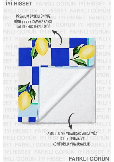 Limonlu Dama Desenli Sicilyan Plaj Havlusu - Akdeniz Stil Mavi Sarı Hızlı Kuruyan Mikrofiber Havlu Çok Renkli