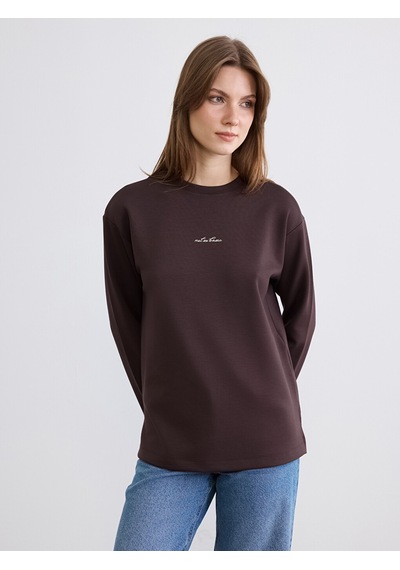 Lcw Comfort Kahverengi Bisiklet Yaka Baskılı Soft Touch Kadın Sweatshirt