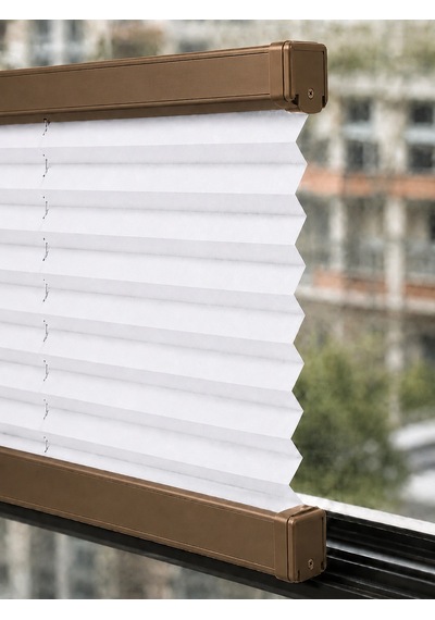 Plise Perde Beyaz Kumaş + Bronz Profil Kasa Cam Balkon Perdesi