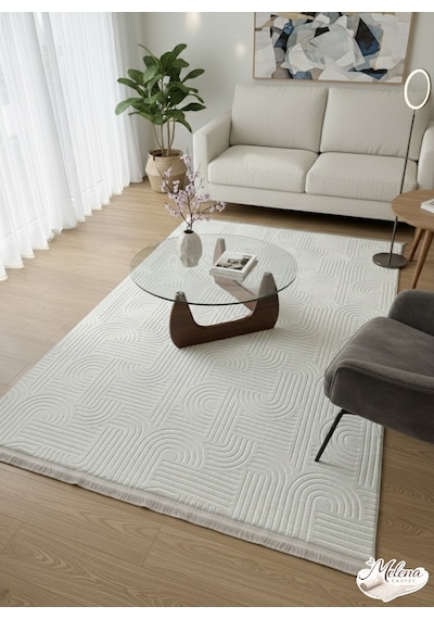 Konak Halı Modern Salon Halısı Premium Seri Krem Emboss Kabartmalı Saçaklı Kaymaz Taban Krem