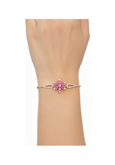 Çekirdekjewelry 925 Ayar Gümüş Zirkon Taşlı Çiçek Figürlü Zarif Altın Renk Kadın Bileklik Sarı Pembe
