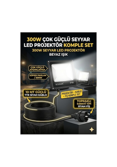 10 Metre Kablolu 300 Watt Seyyar Led Projektör Aydınlatma. Seyyar Aydınlarma Su Geçirmez Dış Mekan Ip66,beyaz Çok Güçlü Işık