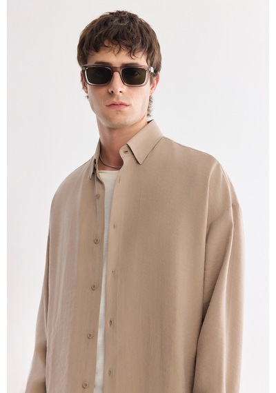 Avva Erkek Bej Alttan Britli Yaka Nefes Alan Modal Karışımlı Soft Touch Oversize Fit Gömlek A61y2168
