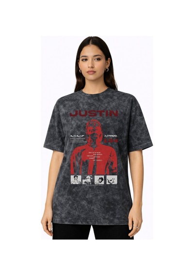 Sevbano Justin Bieber Şarkıcı Baskılı Unisex Oversize Vintage Yıkamalı Ti Siyah