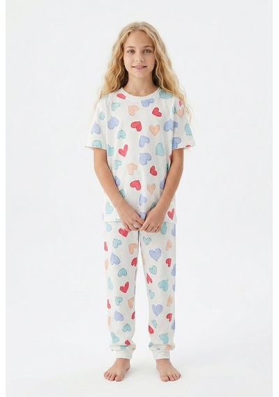 Alkın Kids 3-13 Yaş Kız Çocuk Kalp Desenli %100 Pamuklu Kısa Kollu Pijama Takımı Beyaz