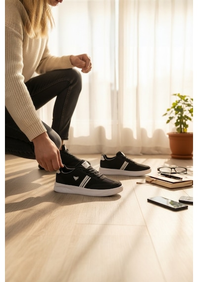 Enoch Erkek Şeritli Günlük Spor Ayakkabı - Rahat Kalıp Sokak Sneaker Siyah - Beyaz Enoch Erkek Şeritli Günlük Spor Ayakkabı - Rahat Kalıp Sokak Sneaker Siyah - Beyaz