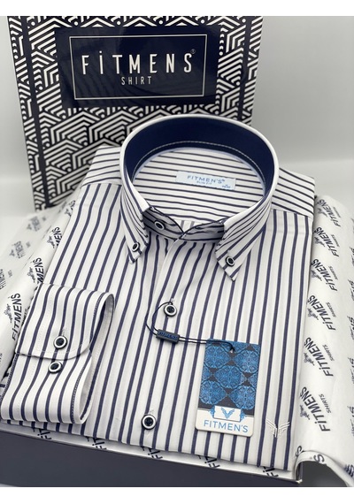Slim Fit Uzun Kol Premium Kalın Çizgili Yaka Düğmeli Hediye Kutulu Kolay Ütülenebilir Erkek Gömlek Fs-001375 - Beyaz Lacivert-1493
