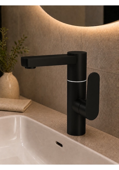 Modern Silva Lavabo Bataryası Siyah 360 Derece Döner Borulu Lavabo Musluğu Çift Su Girişli Batarya