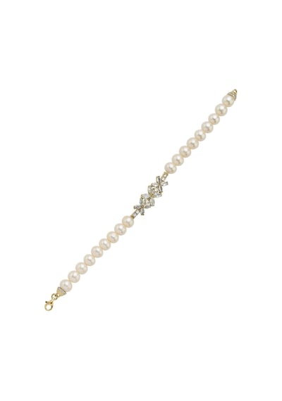 7,5 Mm Çiçek Tasarımlı Zirkon Taşlı Doğal İnci Kadın Bileklik 18 Cm / Sarı Gümüş