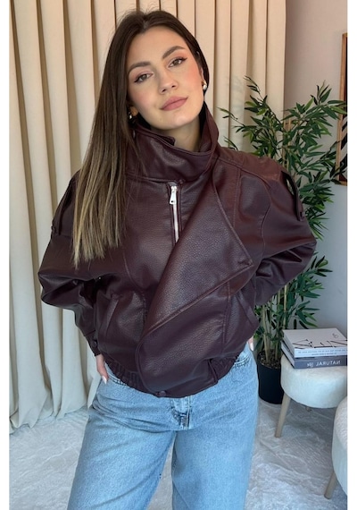 Meecy Zra Model Dik Yaka Yeni Sezon Deri Ceket Bordo Bordo