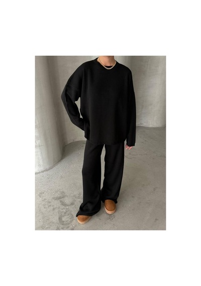 De Pose Oversize Kesim Sade Kadın Triko Takım Siyah