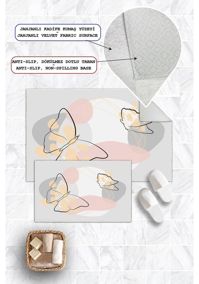 Dijital Baskı Kelebek Desen Kaymaz Taban 2li Set Banyo Paspası Klozet Takımı 50x60cm-60x100cm Gri