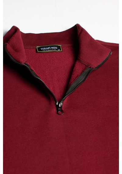 Terapi Men Erkek Bordo Yarım Fermuarlı Basic Düz Sweatshirt Bordo