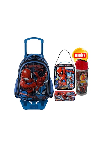 Spiderman Çekçekli Okul Çantası Siyah - Suluk & Matara Siyah