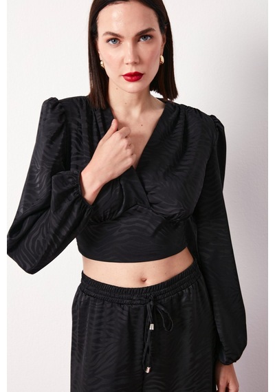 Sateen Desenli Kruvaze Saten Bluz - Siyah-134487