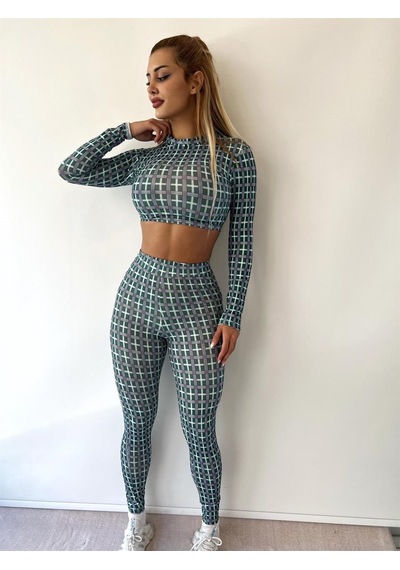 Pink Life Mint Yeşili Ekose Desenli Pantolonlu Ikili Takım-Mint Yeşili