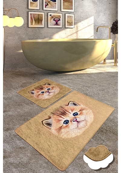 Bambino Djt 2 Li Set Özel Tasarım Kaydırmaz Taban Banyo Paspası Kahverengi