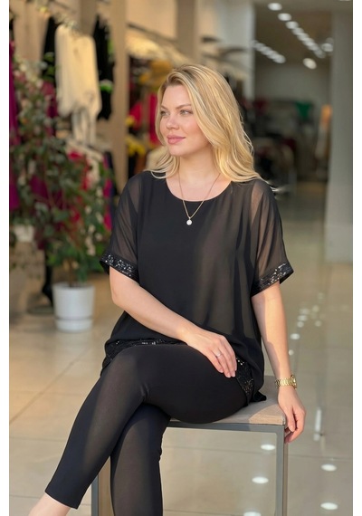 Aytemas Eteği Pullu Şifon Bluz siyah