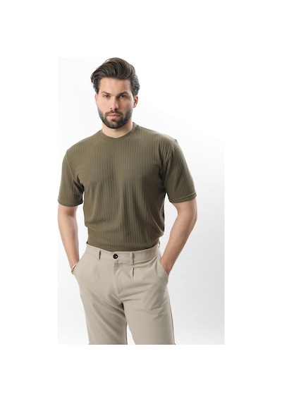 Madmext Haki Dokulu Çizgi Tasarım Bisiklet Yaka Erkek T-shirt E7122 Haki