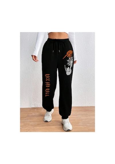 Tarzsokak Halloween Skeleton Hand & Letter Graphic Drawstring Waist 4 Mevsim Eşofman Siyah