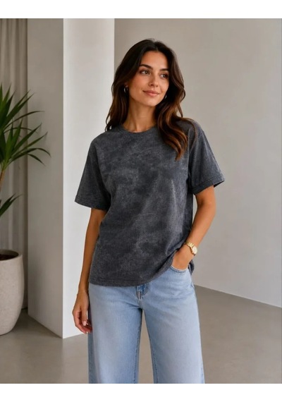 Dogutrend Batik Desenli Tişört Bisiklet Yaka Kısa Kol Regular Fit T-shirt - Siyah