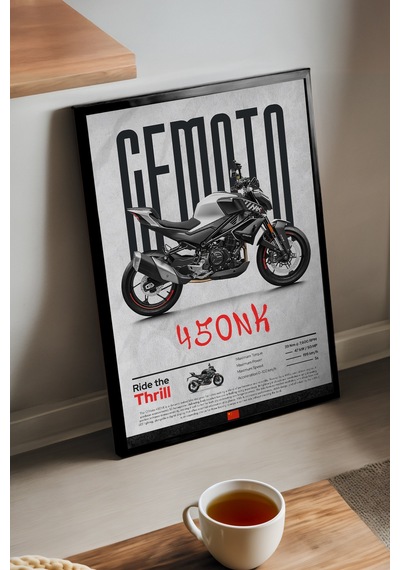 Cf Moto 450 Nk Siyah Ahşap Çerçeveli Poster, Dekoratif Motosiklet Duvar Tablosu