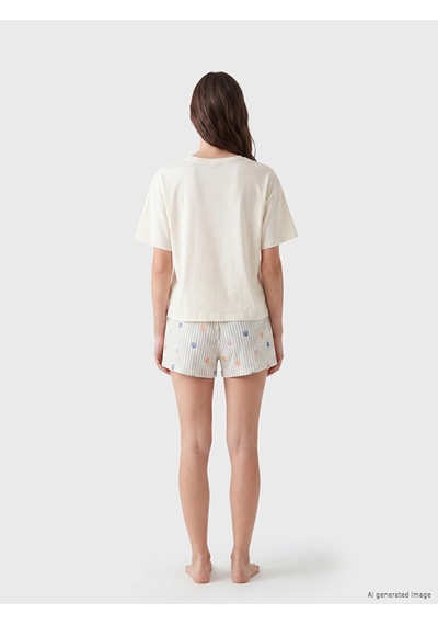 Lcw Dream Ekru Bisiklet Yaka Baskılı Kadın Şortlu Pijama Takımı
