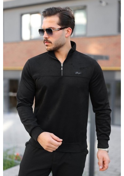 Butik İstanbul Erkek Süet Yarım Fermuar Dik Yaka Sweat Siyah