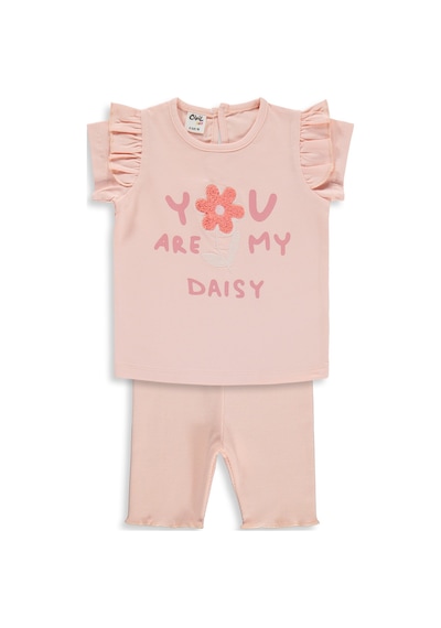 Civil Baby Yazı-çiçek Baskı Nakış 6-18 Ay Takım - Pudra Somon