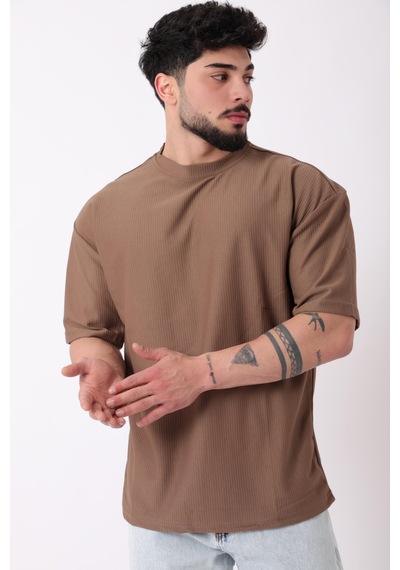 Çizgili Oversize Bisiklet Yaka Tişört Stu-2452 30463 Bej