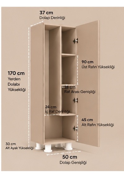 Elox Banyo Dolabı Raflı,balkon Dolabı,mutfak Dolabı Çok Amaçlı Dolap Krem