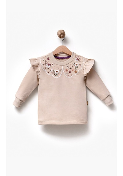 Overdo Kids Fırfırlı Yakası Çiçek Nakışlı 2 İplik Uzun Kol Kız Çocuk Sweatshirt Krem