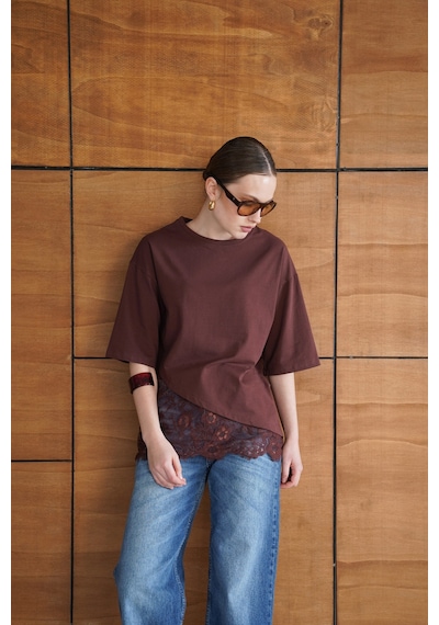 Verymoda Dantel Detaylı Asimetrik Tişört D2953 Kahve