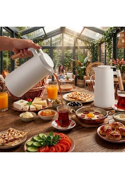 Tr Termos Bambu Saplı Dışı Plastik İçi Cam 1 Litre Beyaz Genel