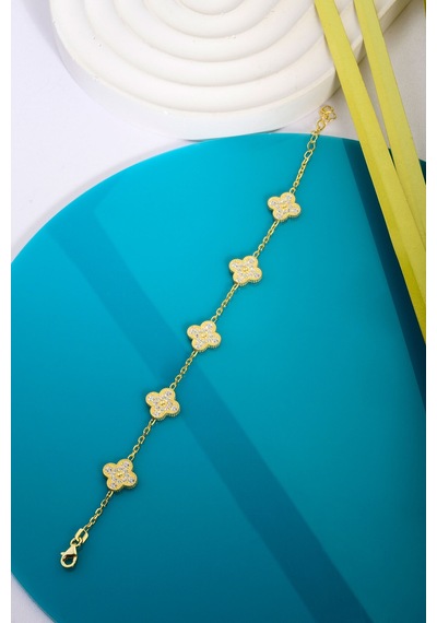 Innuendo Jewelry 925 Ayar Gümüş Taşlı 5 Yoncalı Bileklik Altın