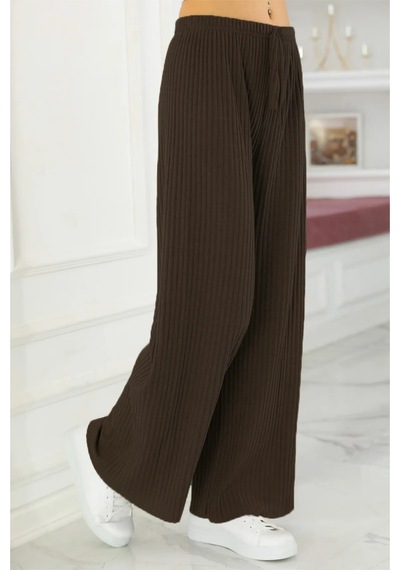 Moda Yıldız Kadın Kışlık Kalın Fitilli Kaşkorse Pijama Altı Eşofman Altı Cepsiz Kahverengi