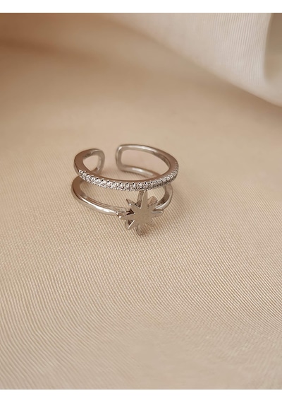 İki Sıralı Kutup Yıldız Model Eklem Kıkırdak Kemik Ayarlanabilir Silver Gümüş Renkli Yüzük Silver