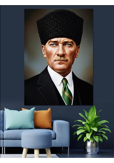Ahşap Tablo Kalpaklı Lider Siyah Beyaz Atatürk